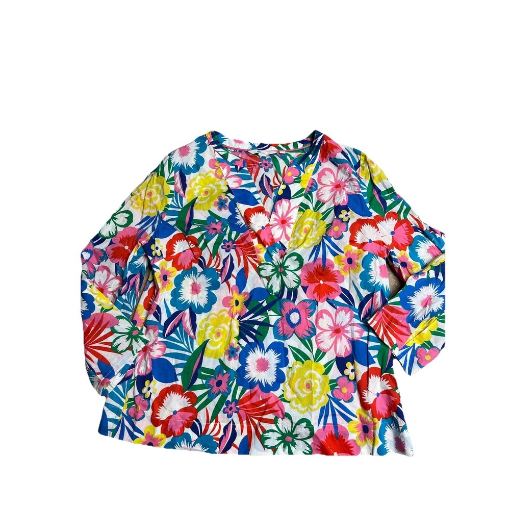 Boden Roberta Top Sz 12 Multicolor Floral V-Neck Colorful Cotton Tropical Bright